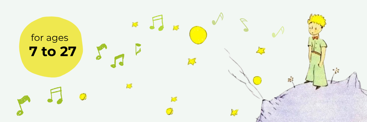 Illustration of the Little Prince standing on his asteroid with yellow stars and green music notes visible in the background