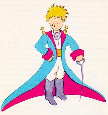 Illustration of the Little Prince in a long magenta and blue coat and epaulets decorated with stars